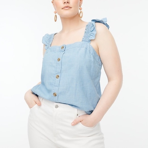 J Crew Chambray button-front tank top with ruffle straps - Picture 4 of 8